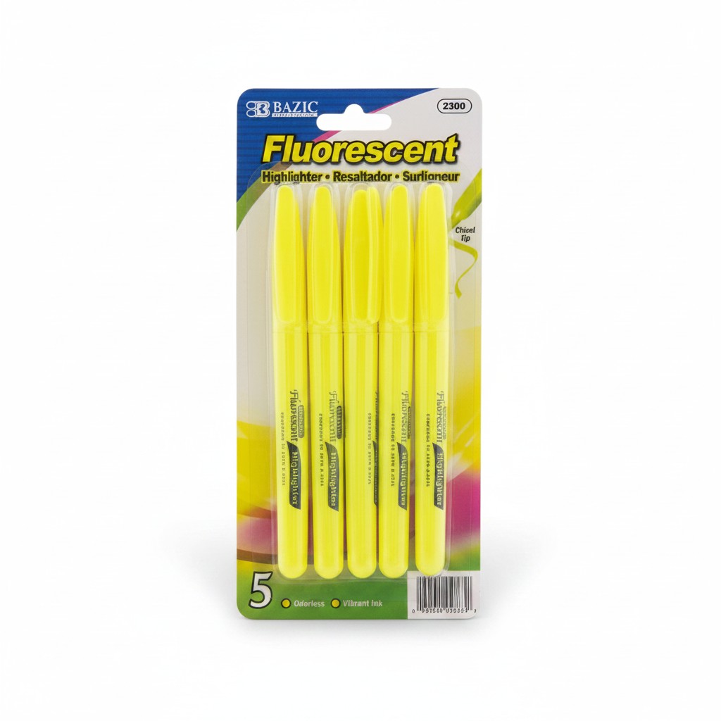 Yellow Pen Style Fluorescent Highlighters w/ Pocket Clip (5/Pack)