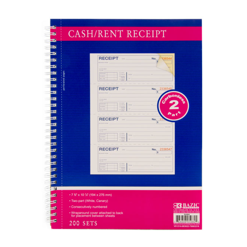 200 Sets 7 5/8" x 10 7/8" 2-Part Carbonless Spiral Bound Cash or Rent Receipt Book