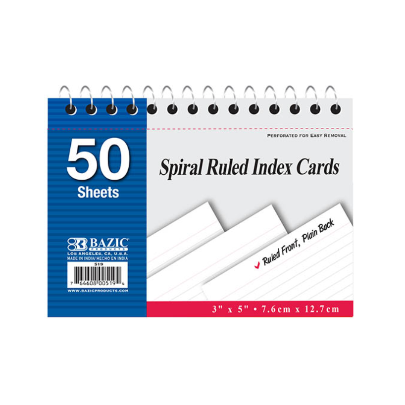 Spiral Bound 3" X 5" Ruled White Index Card