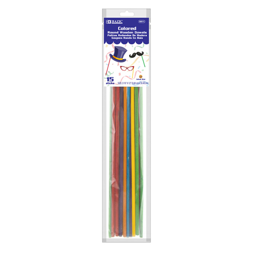 3/16" x 12" Round Multi-Colored Wooden Dowel (15/Bag)
